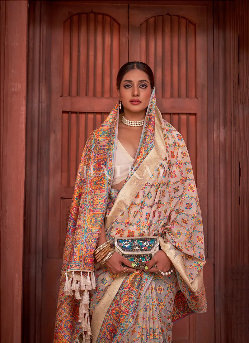 Off White Digital Printed Pashmina Silk Saree