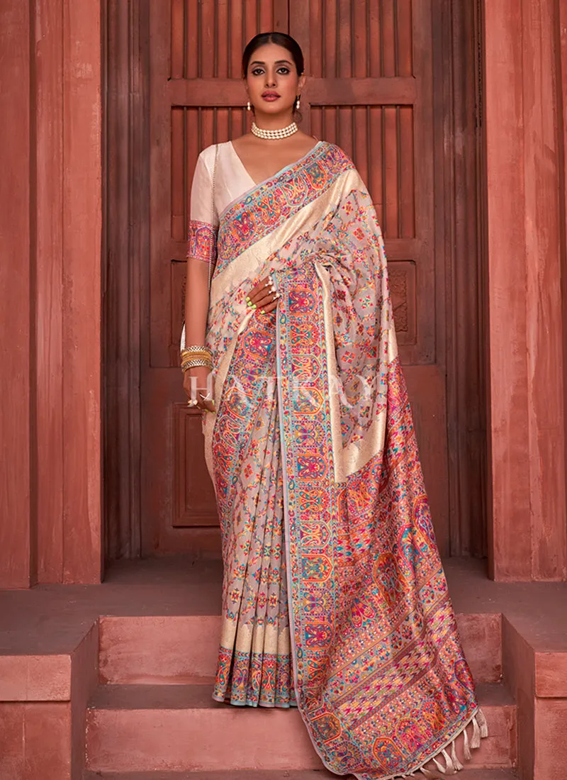 Off White Digital Printed Pashmina Silk Saree