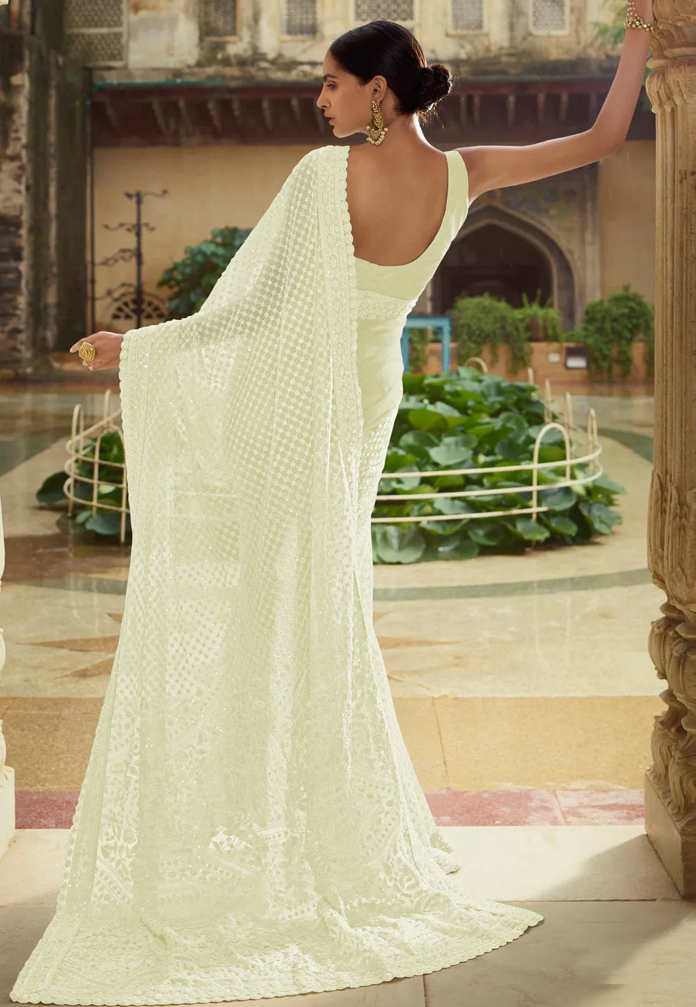 Off White Sequence Embroidered Party Wear Saree