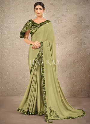 Olive Green Digital Printed Silk Georgette Saree