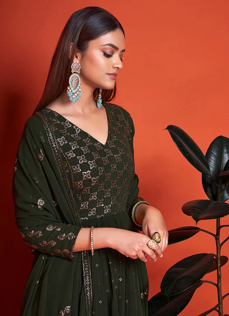 Olive Green Sequence Embroidery Traditional Anarkali Gown