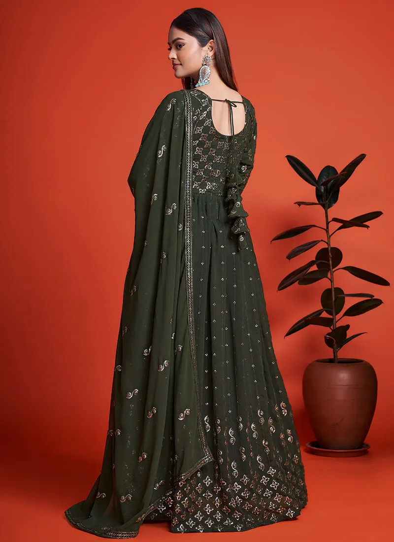 Olive Green Sequence Embroidery Traditional Anarkali Gown