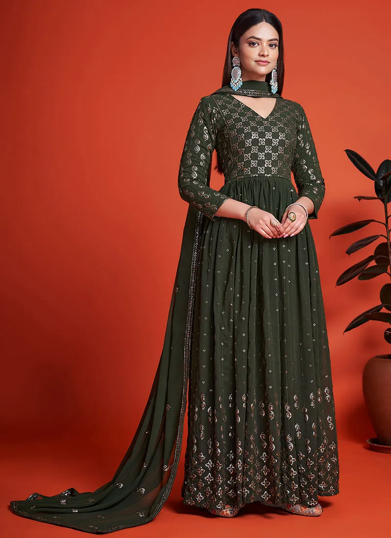 Olive Green Sequence Embroidery Traditional Anarkali Gown