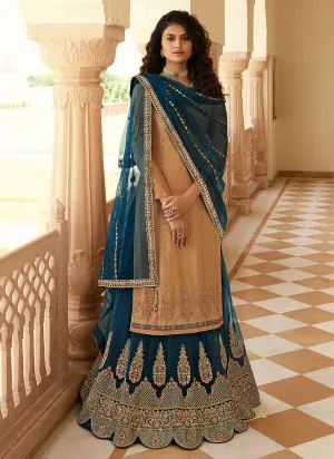 Orange And Blue Multi Embroidered Lehenga Suit