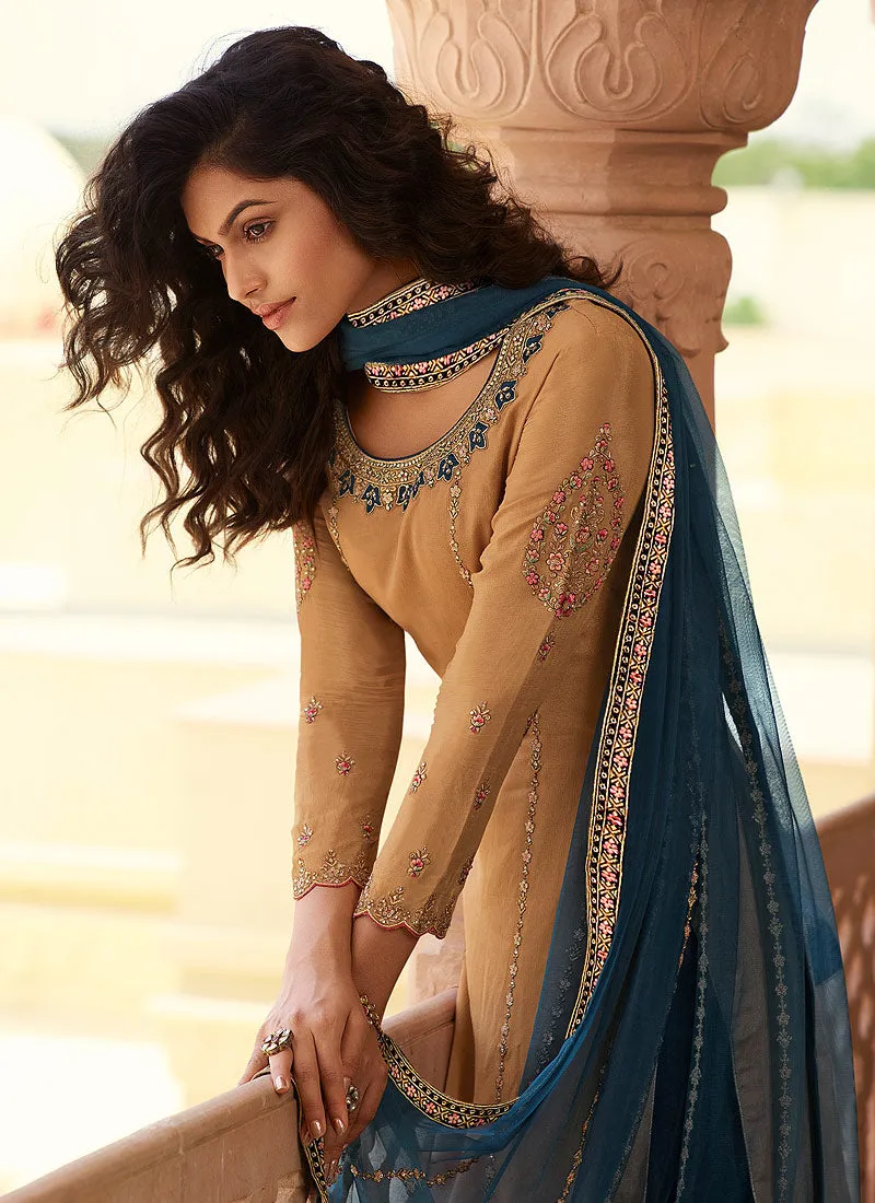 Orange And Blue Multi Embroidered Lehenga Suit