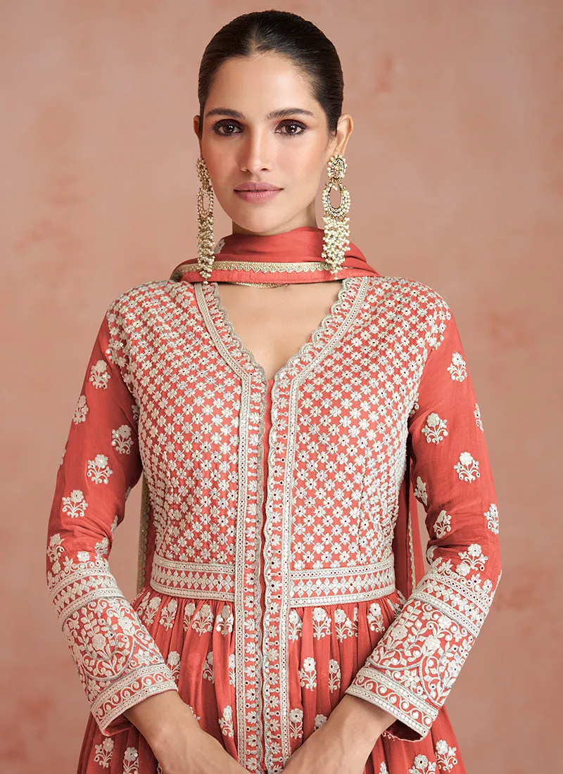 Orange Embroidery Slit Style Festive Anarkali Lehenga