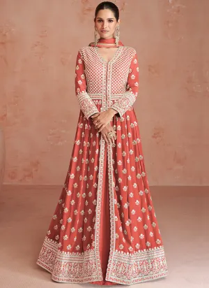 Orange Embroidery Slit Style Festive Anarkali Lehenga