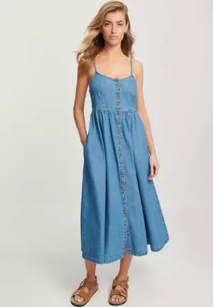 Paige Spaghetti Strap Button Front Smocked Denim Midi Dress