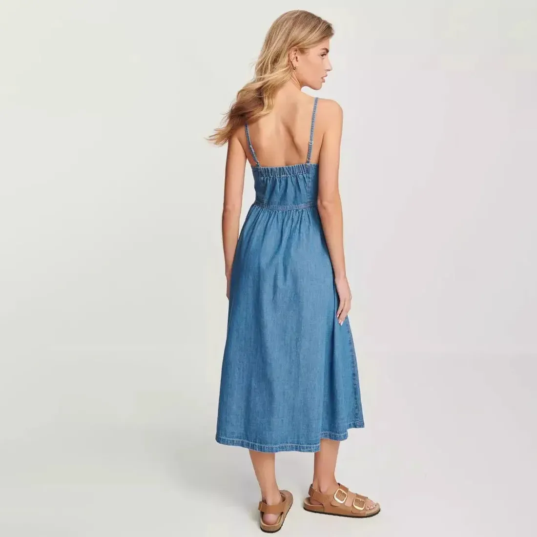 Paige Spaghetti Strap Button Front Smocked Denim Midi Dress