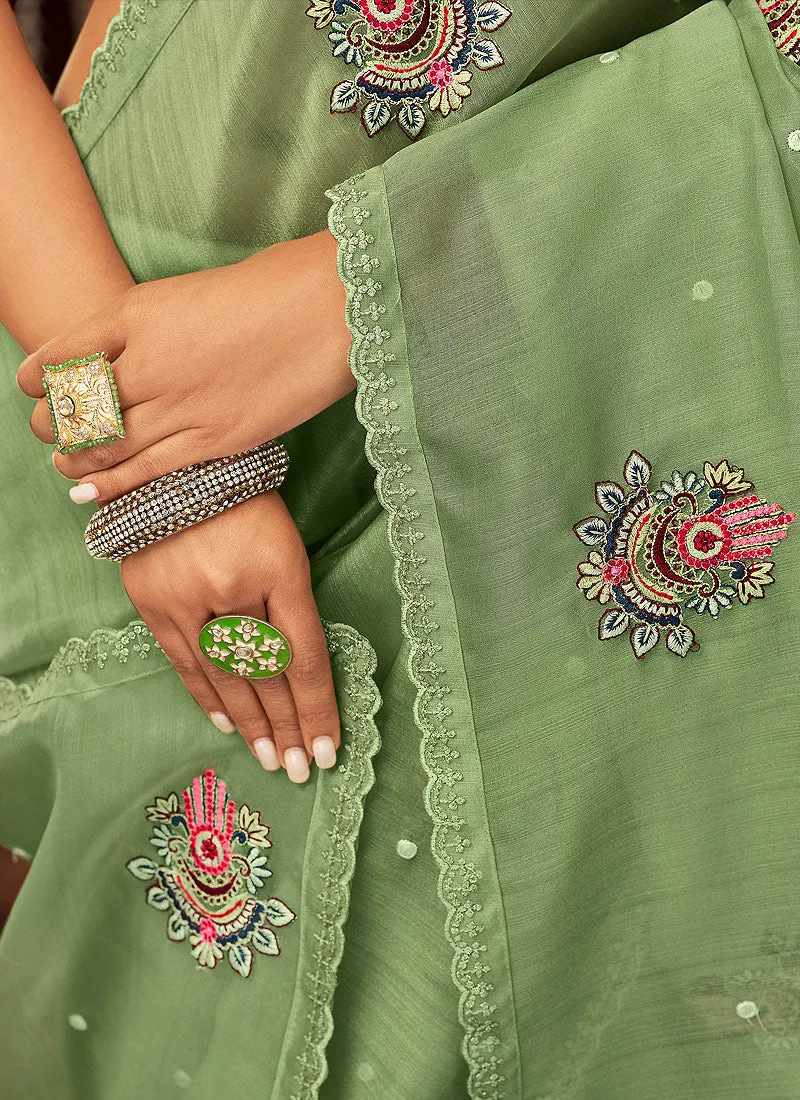 Pale Green Multi Embroidered Organza Silk Saree