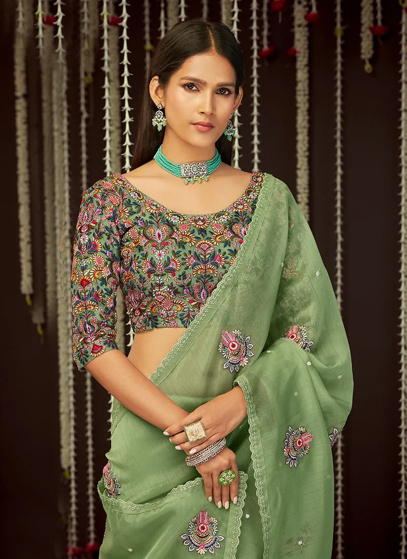 Pale Green Multi Embroidered Organza Silk Saree