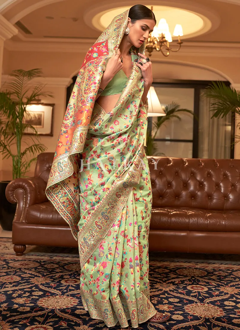 Pastel Green Kashmiri Weaved Silk Saree