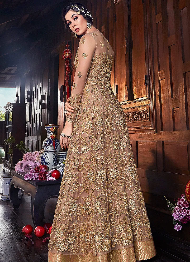 Peach And Golden Zari Embroidered Anarkali Suit