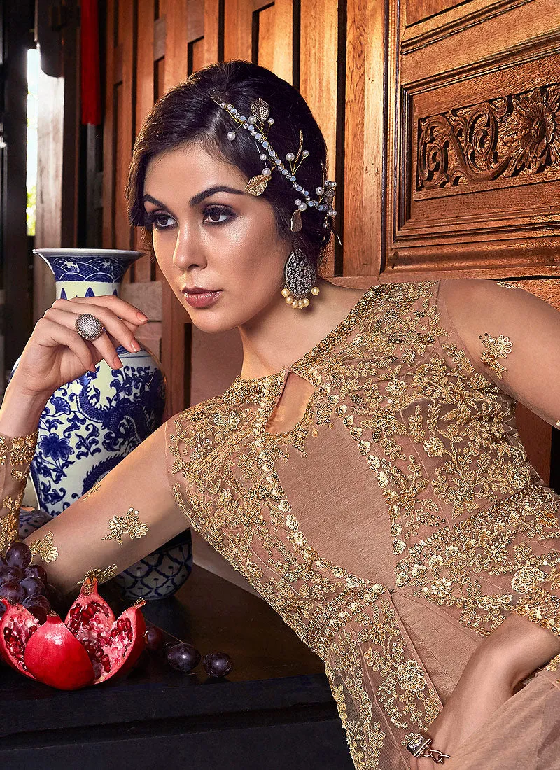 Peach And Golden Zari Embroidered Anarkali Suit