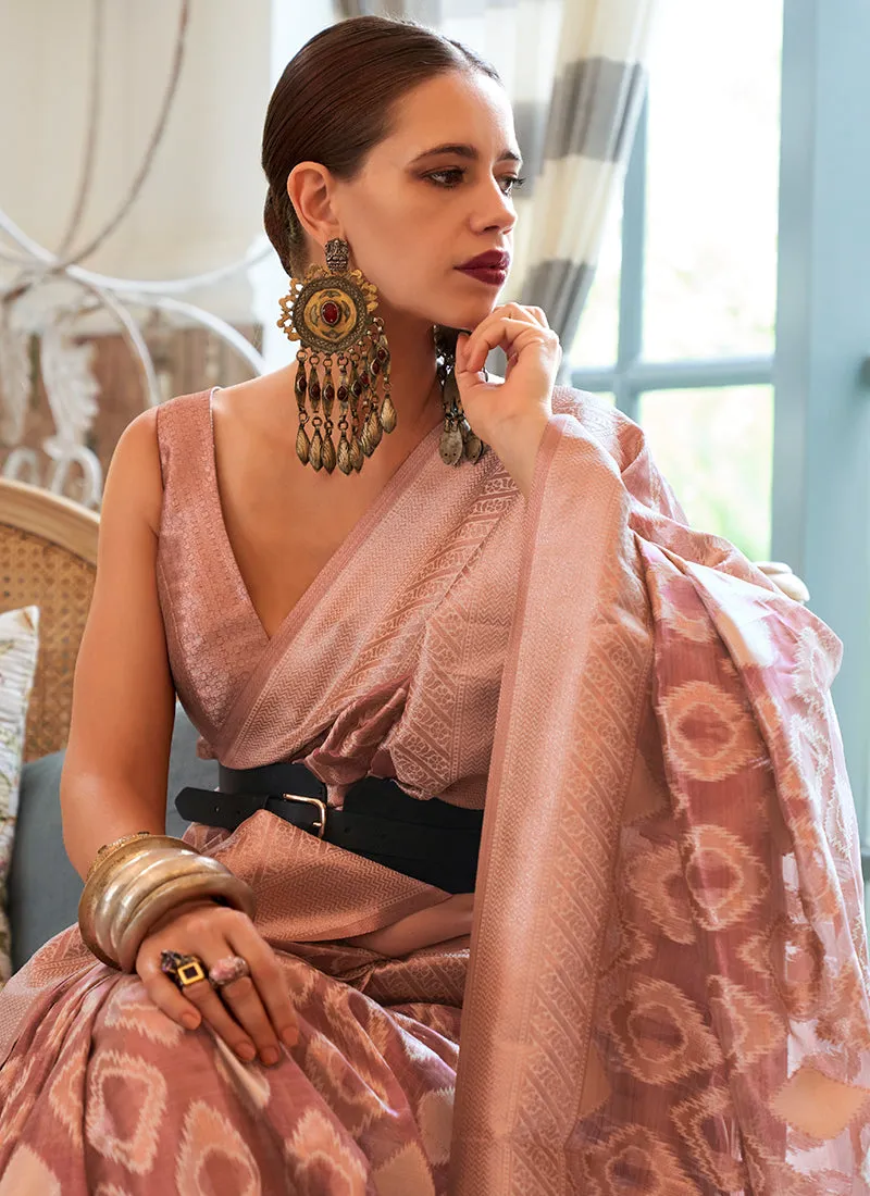 Peach Bloom Weaved Printed Handloom Silk Saree