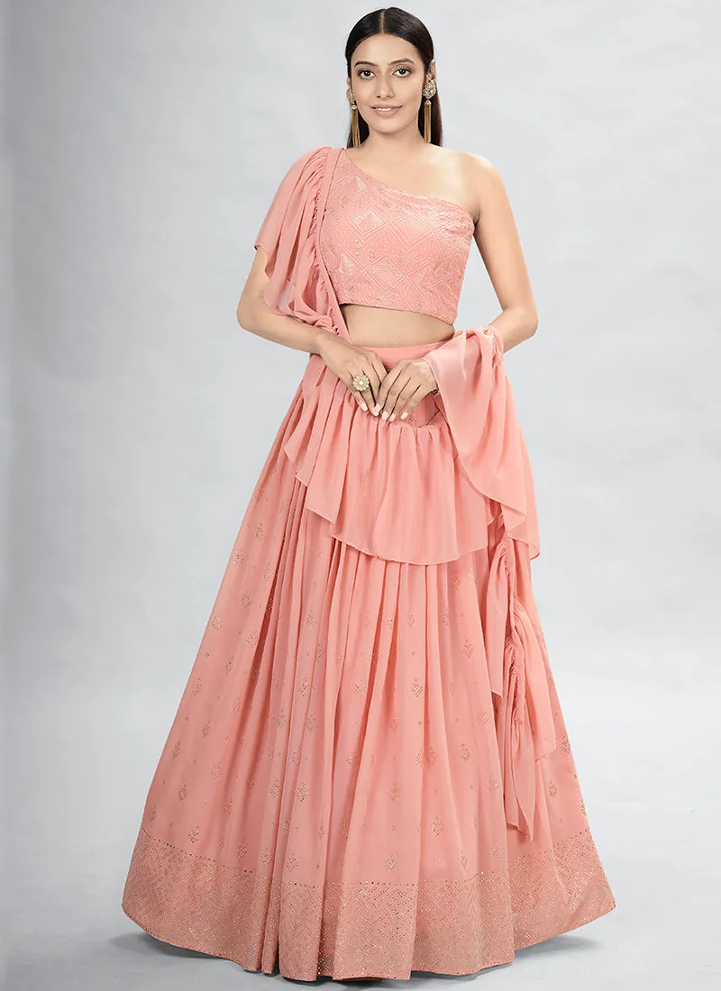 Peach Embroidery Festive Lehenga Choli