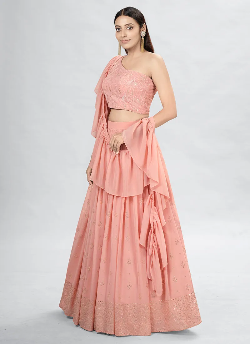 Peach Embroidery Festive Lehenga Choli