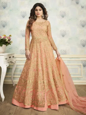 Peach Heavy Embroidered Indo Western Wedding Lehenga