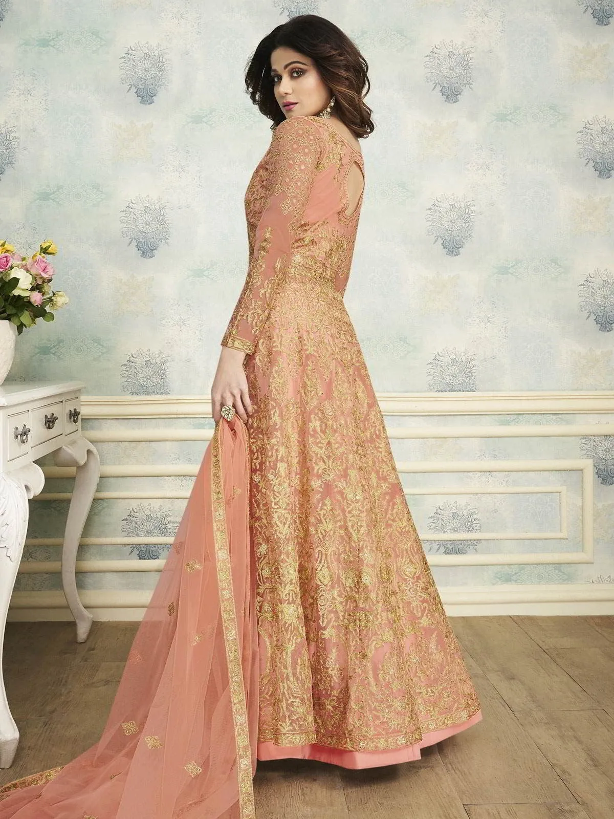Peach Heavy Embroidered Indo Western Wedding Lehenga
