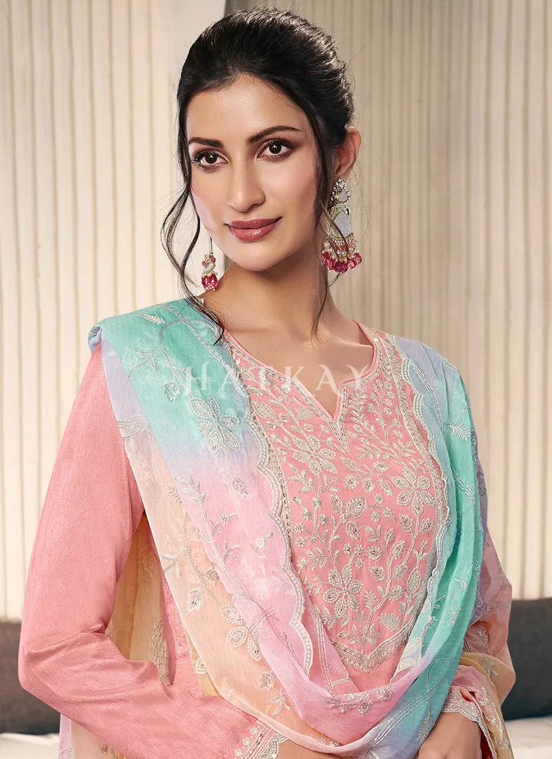 Peach Reshamkari Embroidery Pant Style Suit