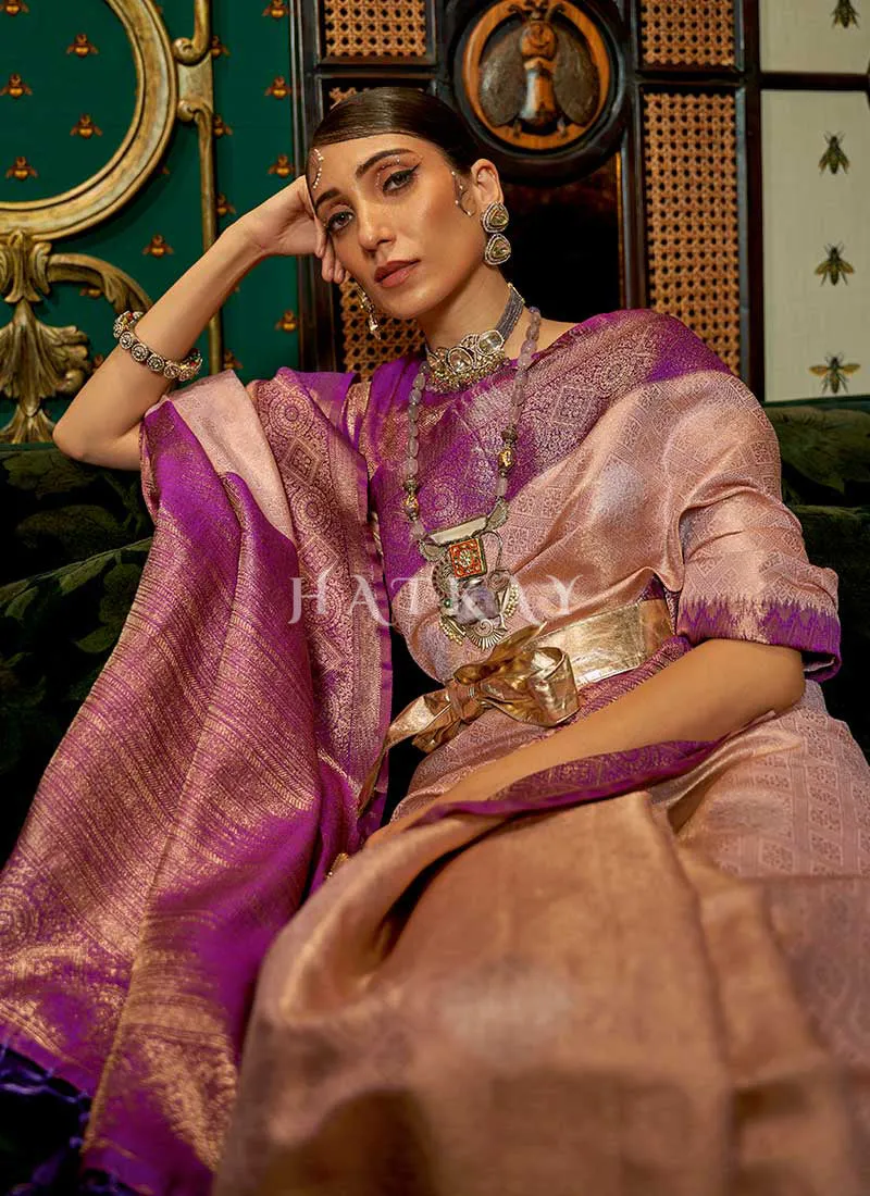 Pink And Purple Zari Weaved Handloom Silk Saree