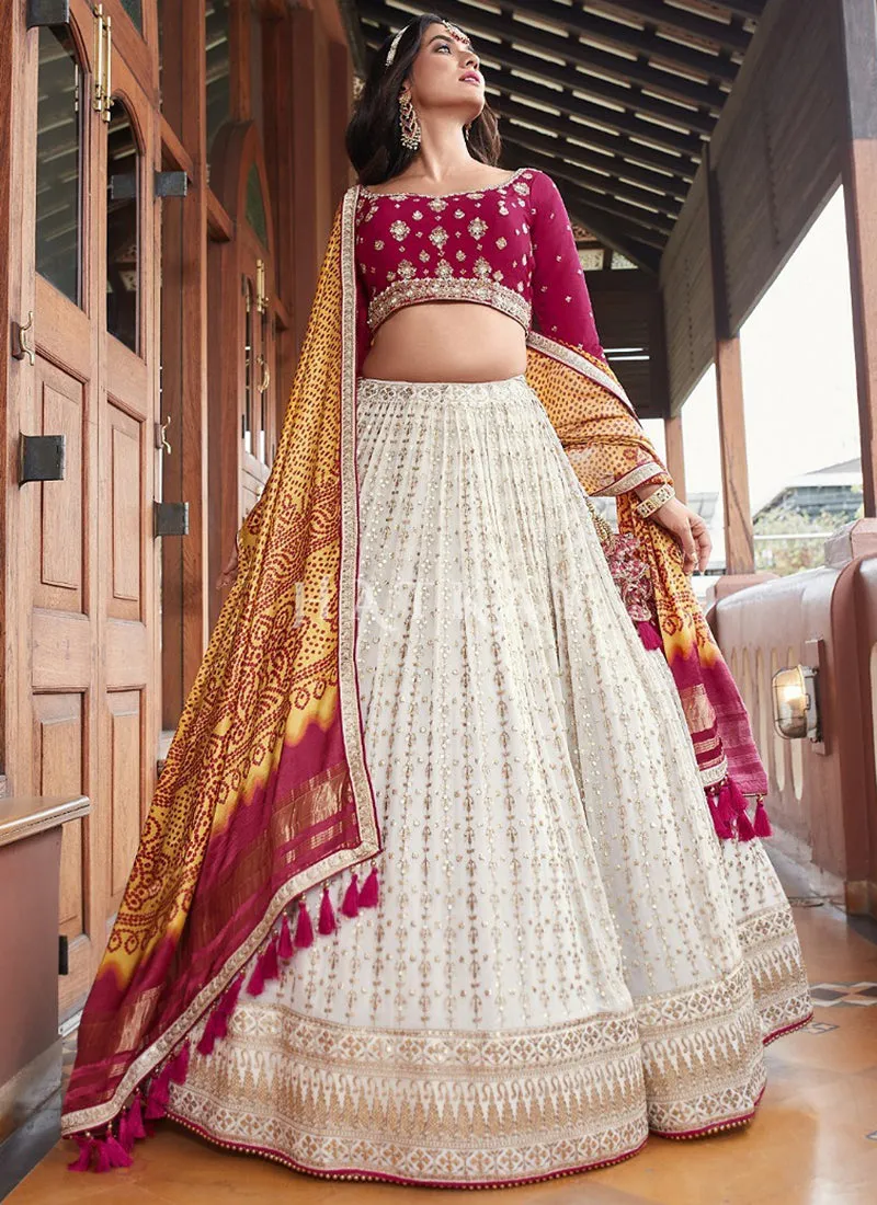 Pink And White Embroidered Georgette Lehenga Choli