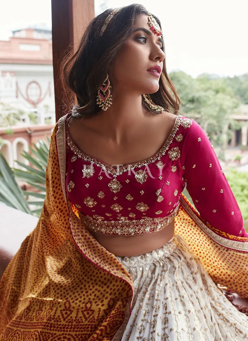 Pink And White Embroidered Georgette Lehenga Choli