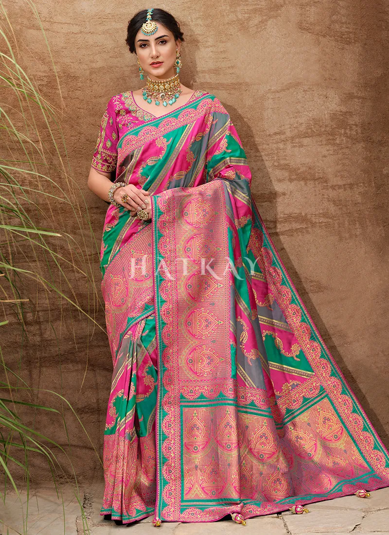 Pink Embroidered Banarasi Silk Saree