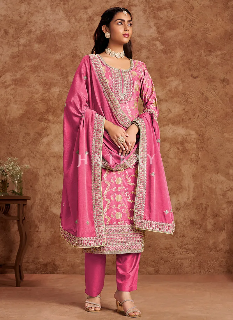 Pink Embroidered Pakistani Pant Style Suit