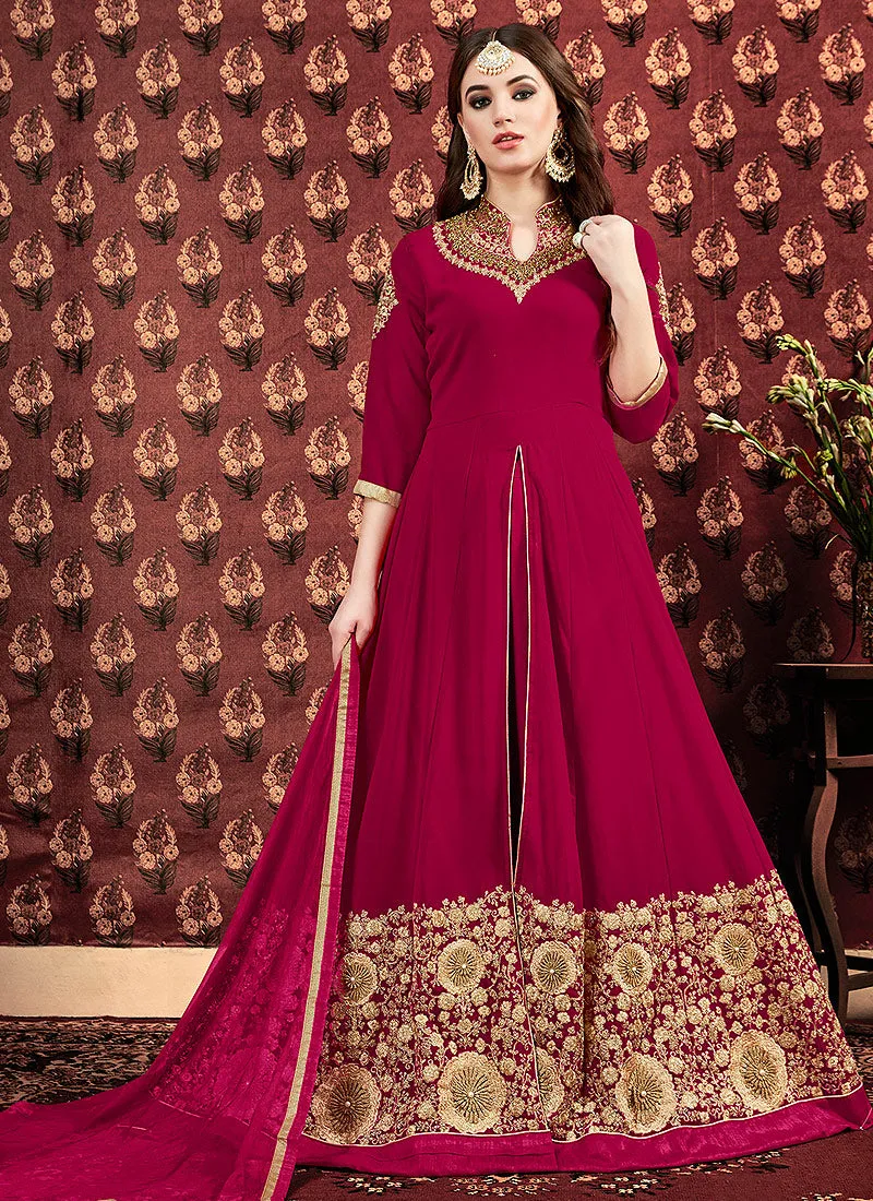 Pink Golden Embroidered Georgette Slit Style Anarkali Pant Suit