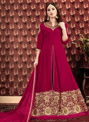 Pink Golden Embroidered Georgette Slit Style Anarkali Pant Suit