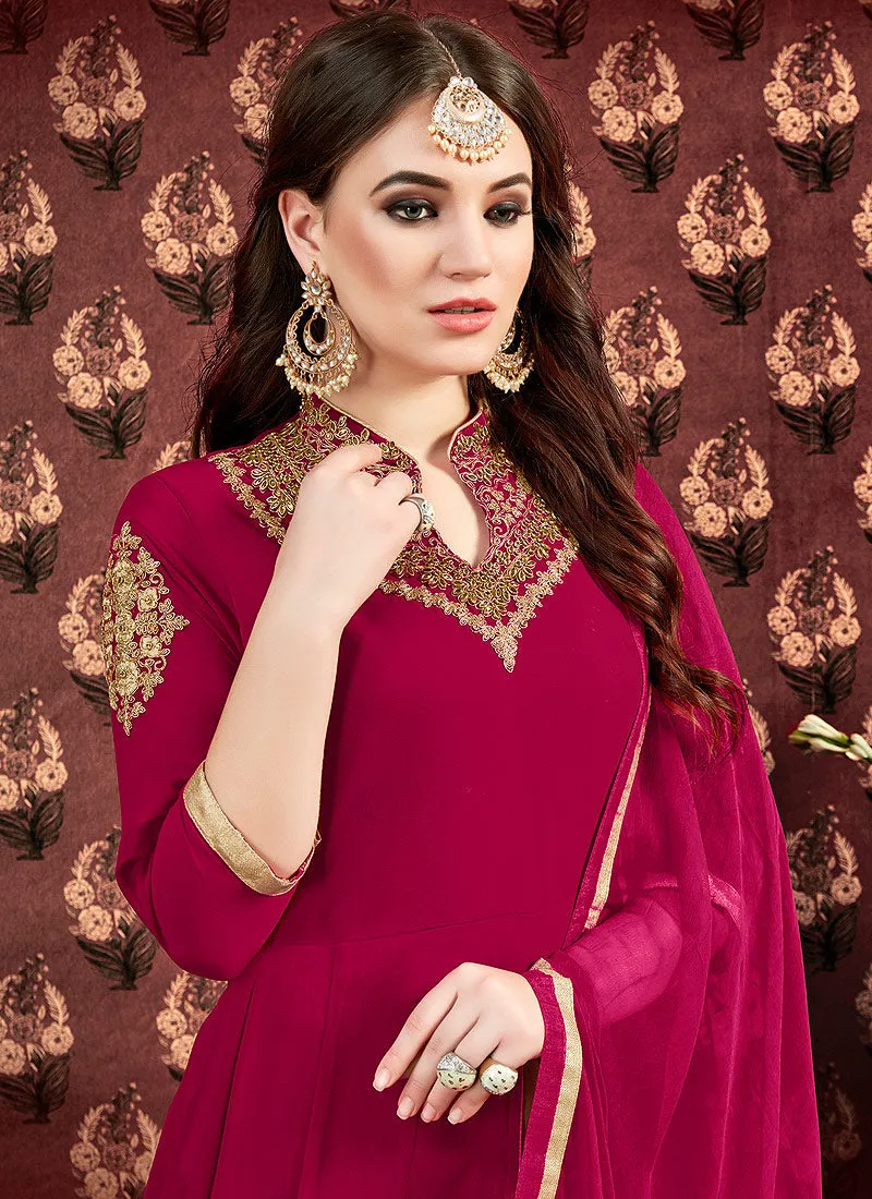 Pink Golden Embroidered Georgette Slit Style Anarkali Pant Suit