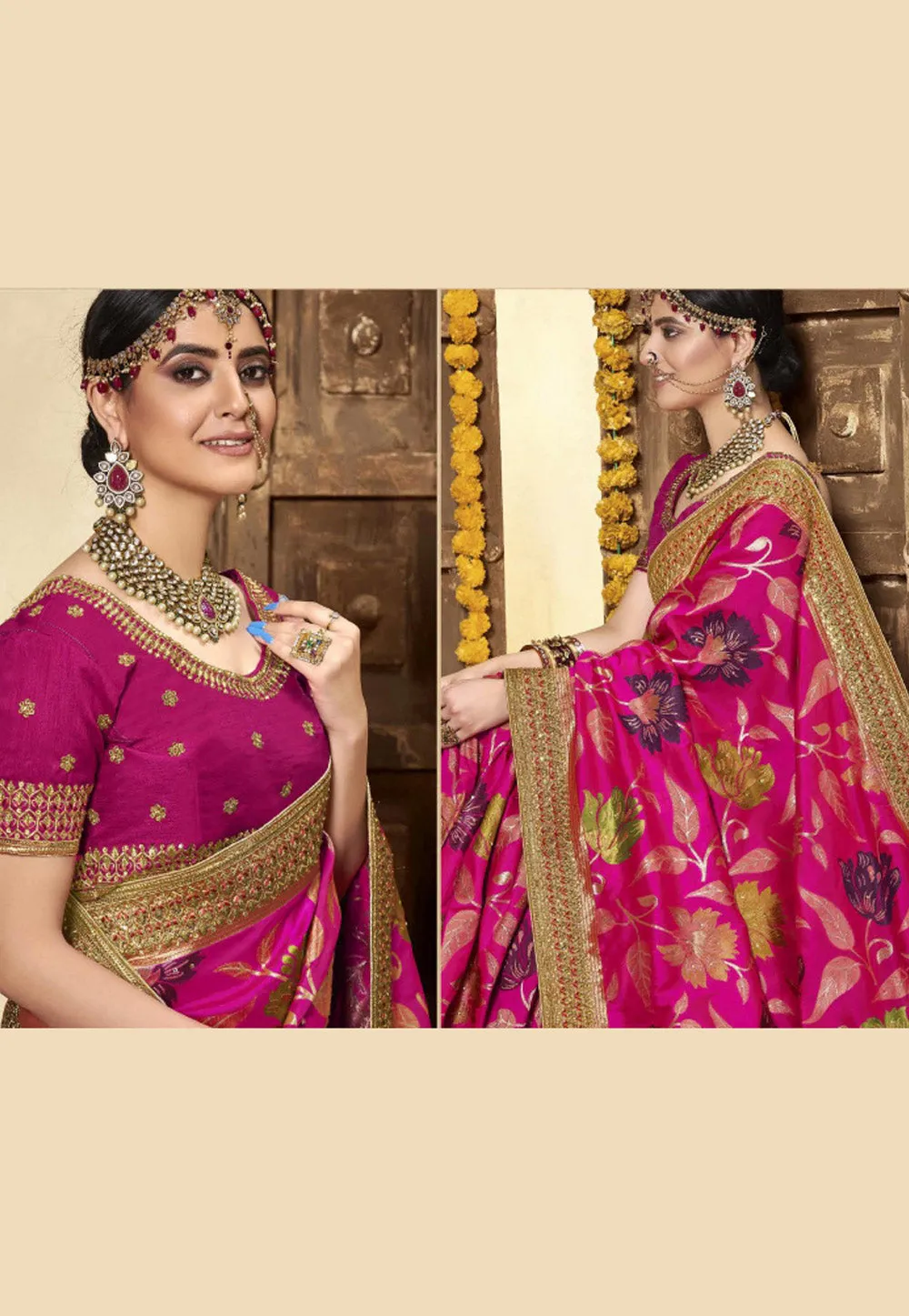 Pink Golden Embroidered Wedding Saree