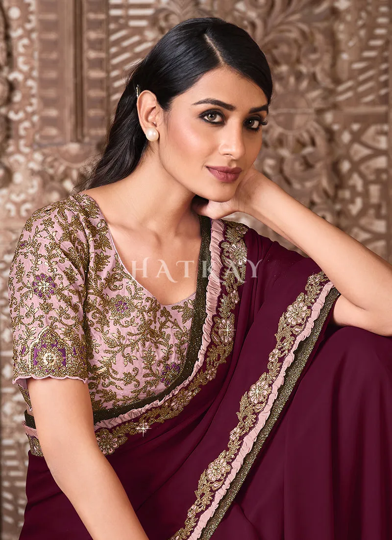 Pink Wine Traditional Zari Embroidered Party Wear Saree