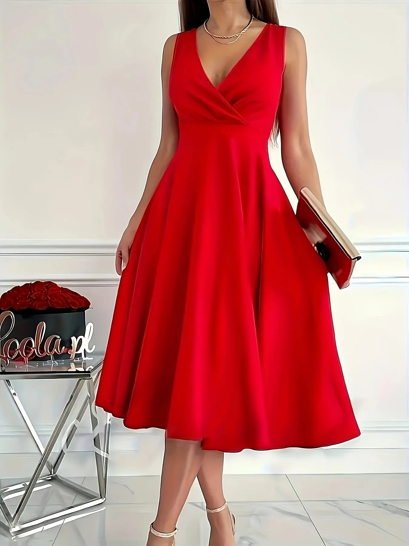 Plus Size Solid Color Sleeveless Midi Dress with Pleated V-Neck
