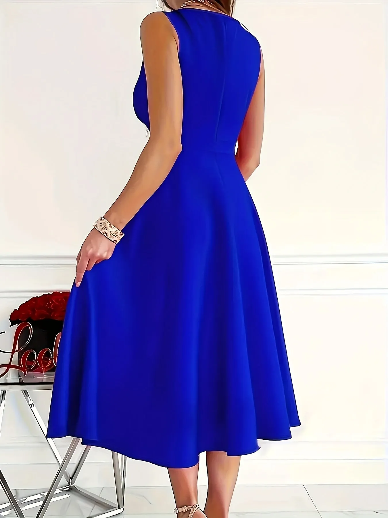 Plus Size Solid Color Sleeveless Midi Dress with Pleated V-Neck