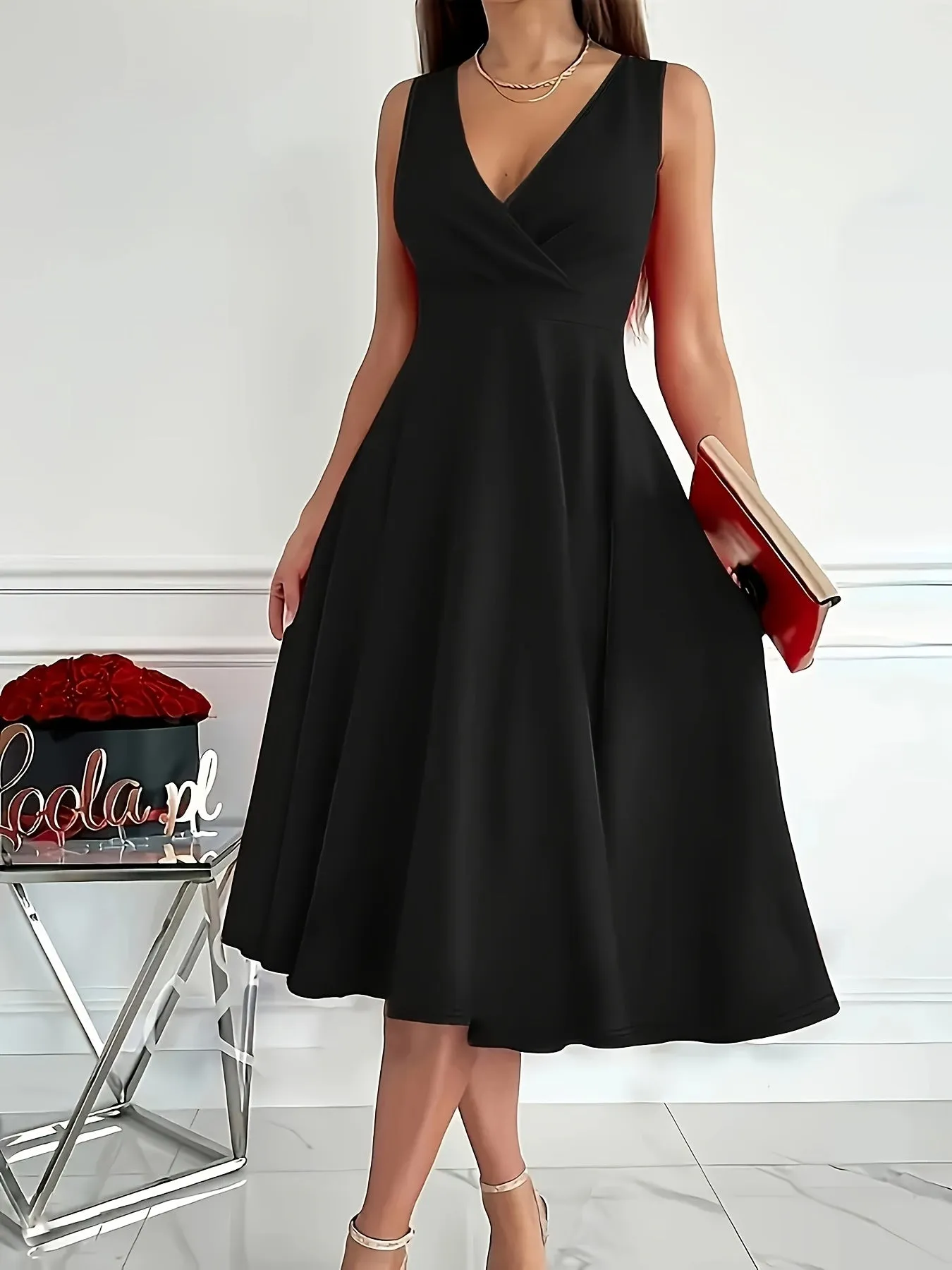 Plus Size Solid Color Sleeveless Midi Dress with Pleated V-Neck