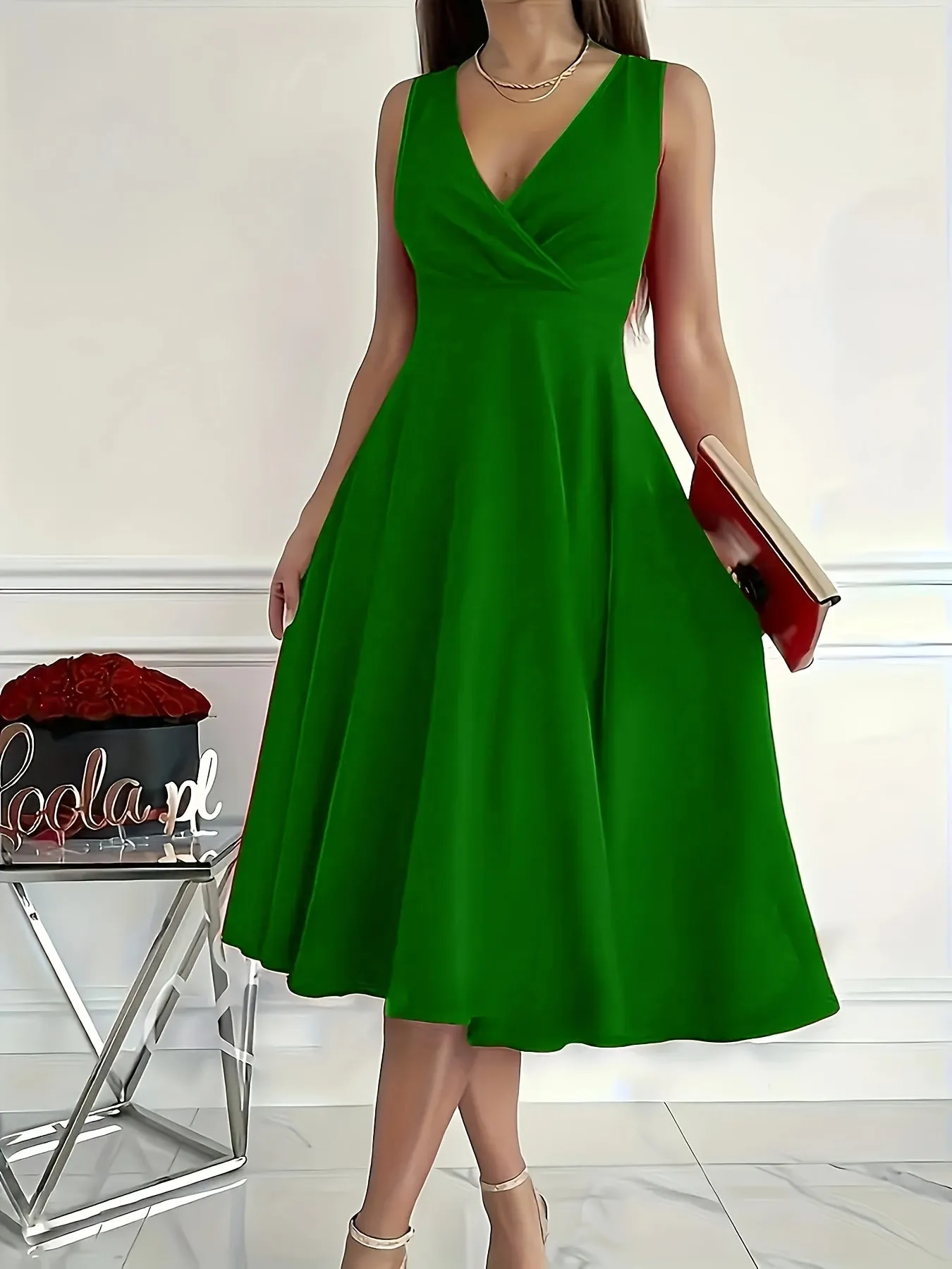 Plus Size Solid Color Sleeveless Midi Dress with Pleated V-Neck