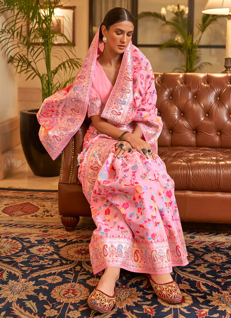 Pretty Pink Kashmiri Weaved Silk Saree