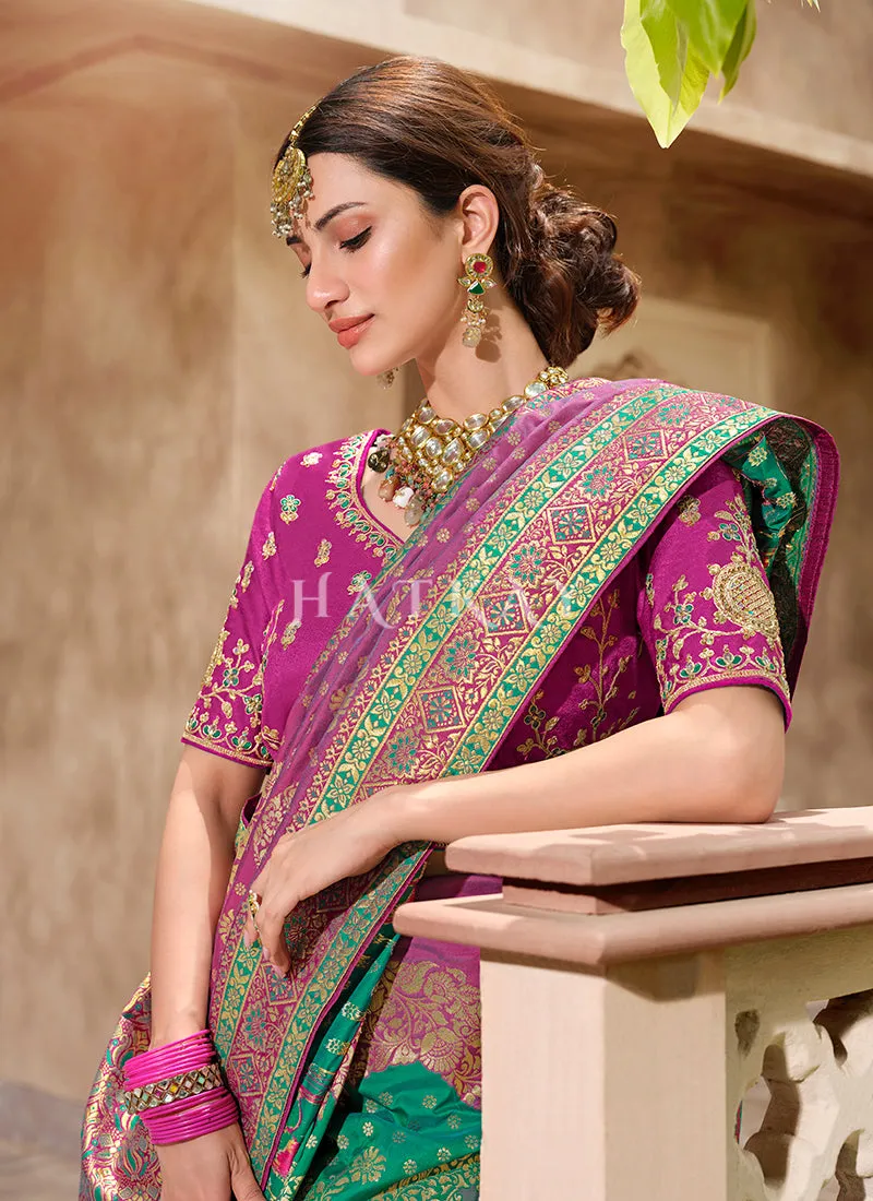 Purple And Green Embroidered Banarasi Silk Saree