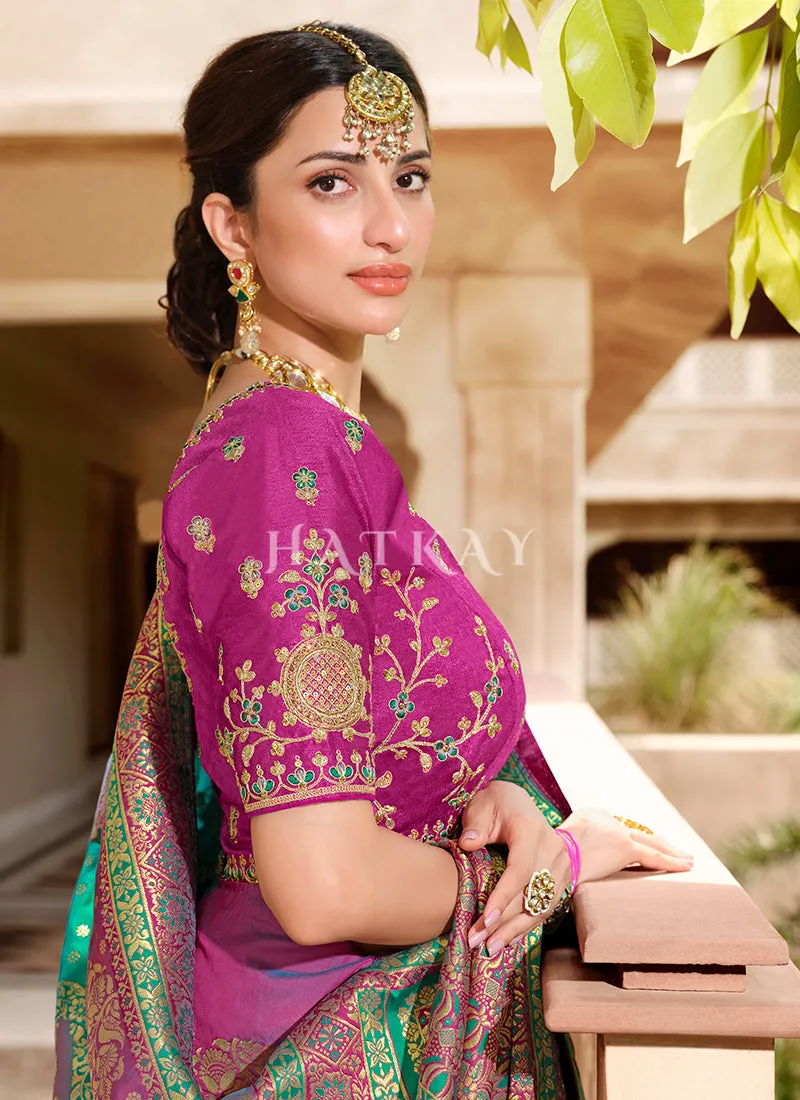 Purple And Green Embroidered Banarasi Silk Saree
