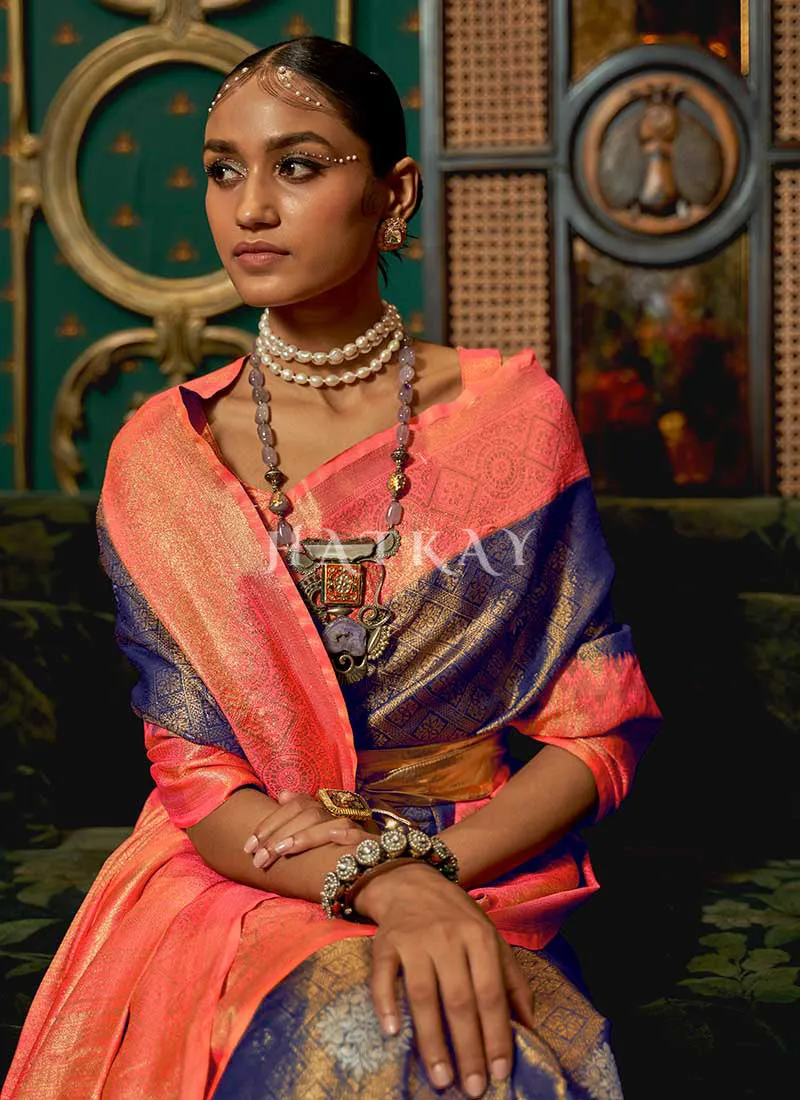 Purple And Peach Zari Weaved Handloom Silk Saree