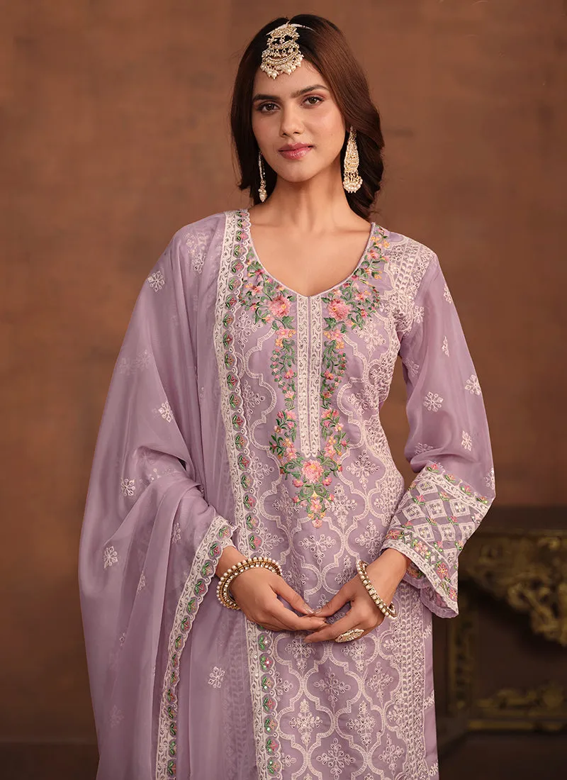 Purple Embroidery Straight Suit