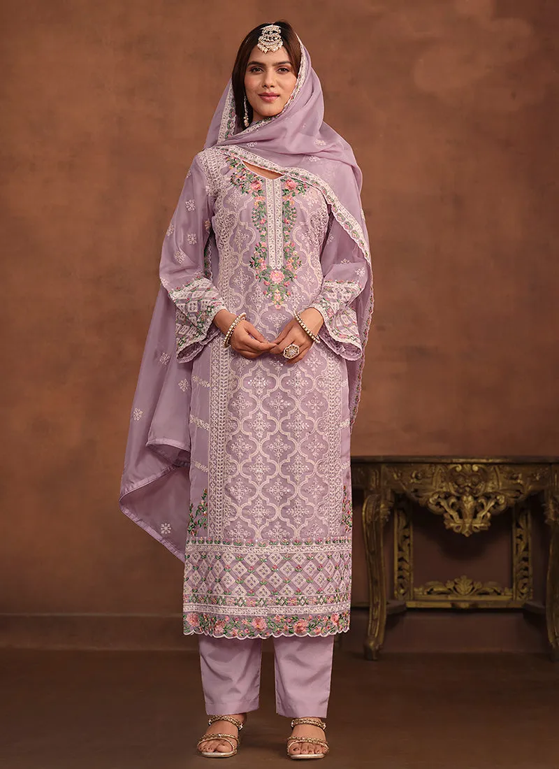 Purple Embroidery Straight Suit