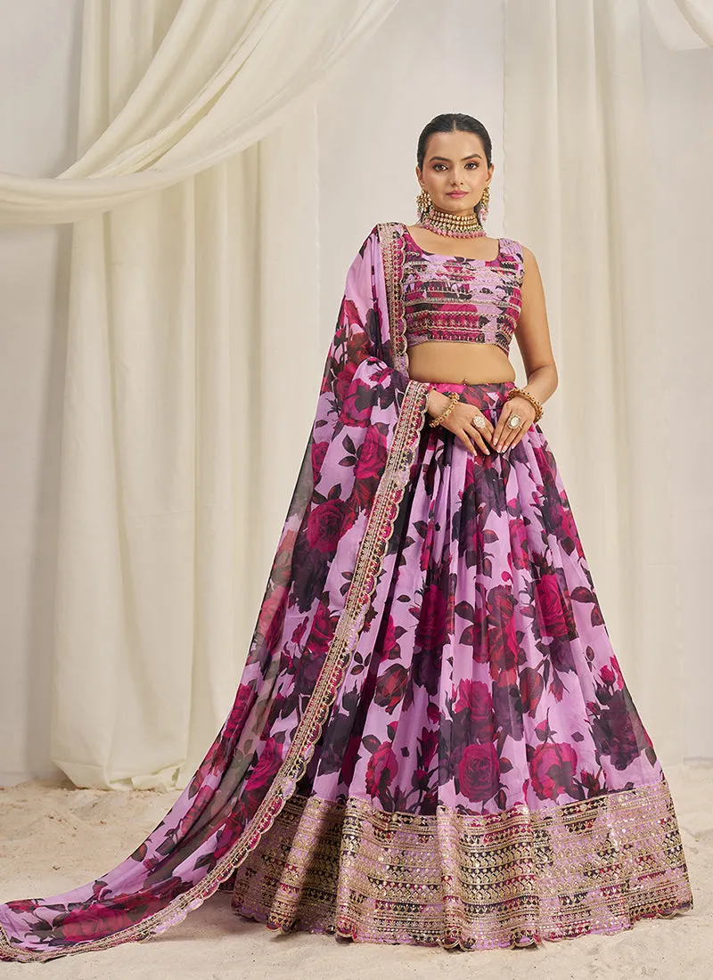 Purple Floral Printed Embroidery Lehenga Choli