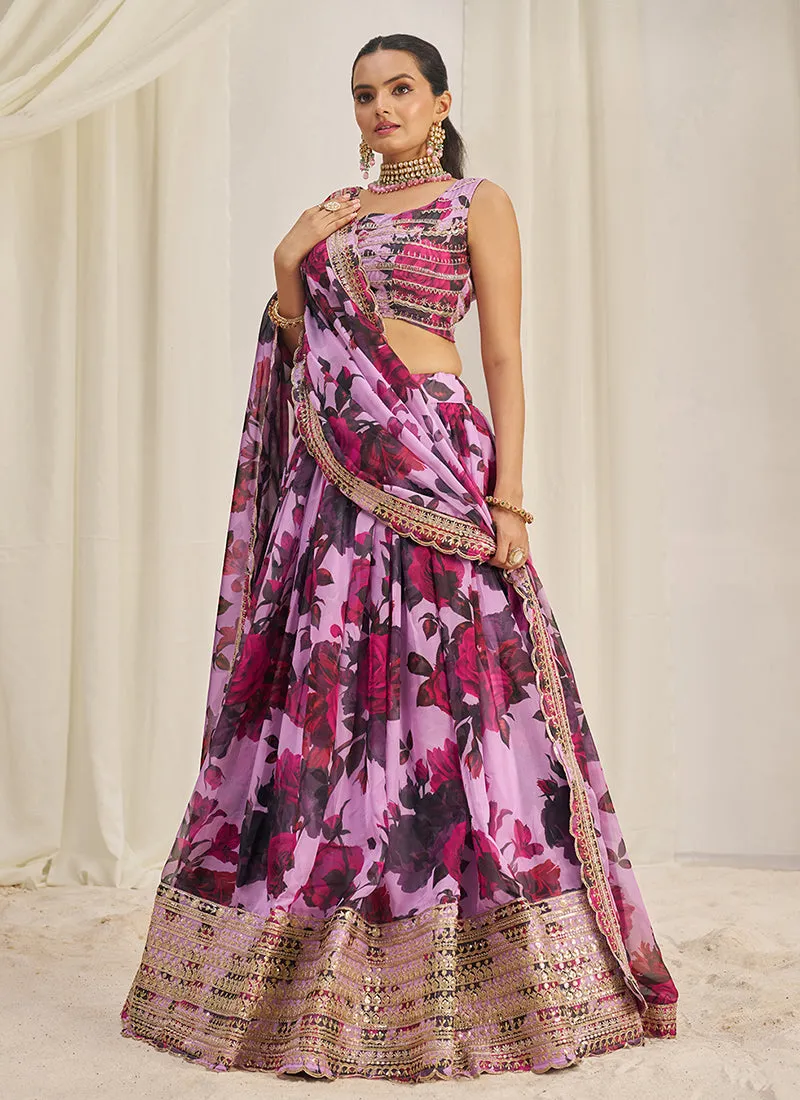 Purple Floral Printed Embroidery Lehenga Choli