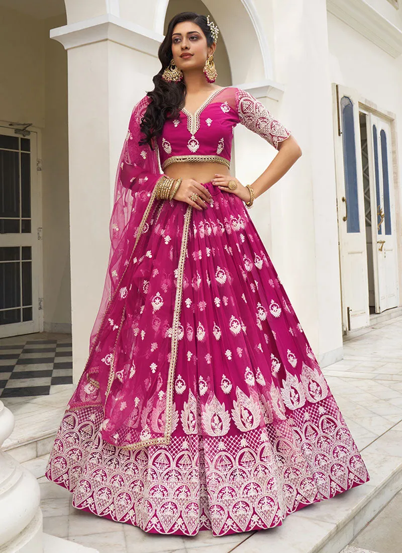 Rani Pink Thread Embroidery Wedding Lehenga Choli And Dupatta