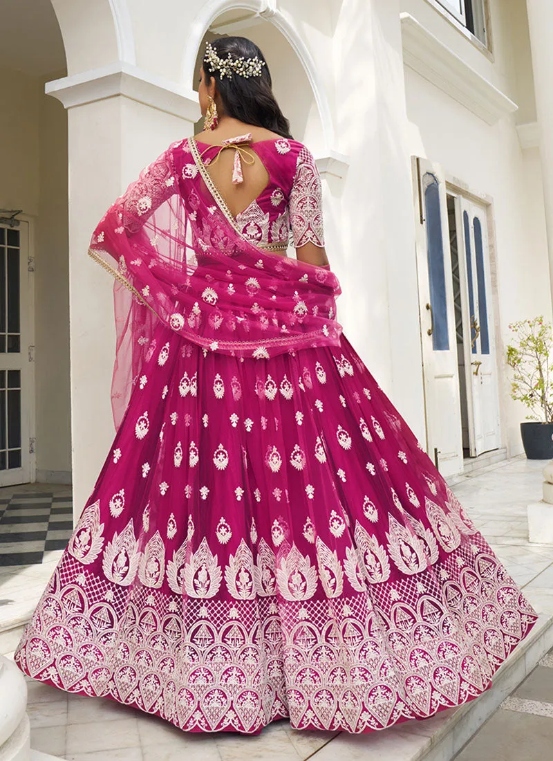 Rani Pink Thread Embroidery Wedding Lehenga Choli And Dupatta