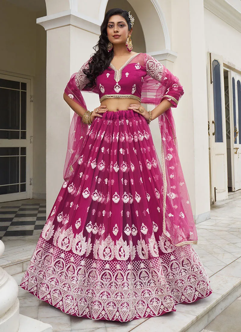 Rani Pink Thread Embroidery Wedding Lehenga Choli And Dupatta