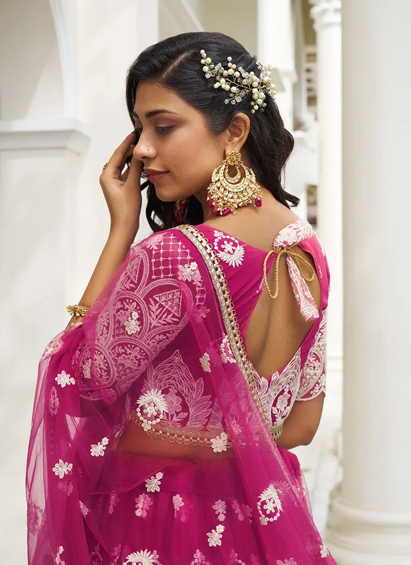 Rani Pink Thread Embroidery Wedding Lehenga Choli And Dupatta